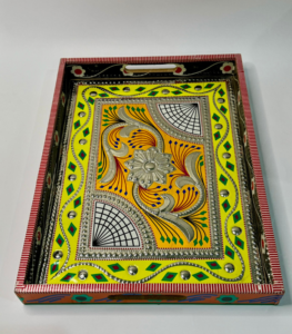 Large multi yellow Chamak Patti tray. Brightens up any serving setup. Perfect for presenting desserts and drinks. Ideal for festive occasions.