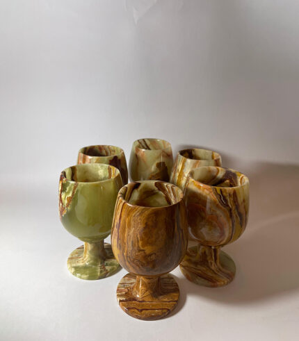 GREEN ONYX GOBLETS SET OF 6 WITH RARE VEINING