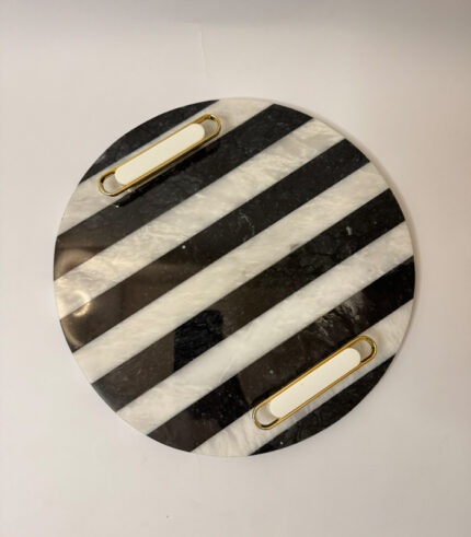 ROUND STRIPED SERVING TRAY WITH GOLD AND WHITE HANDLES