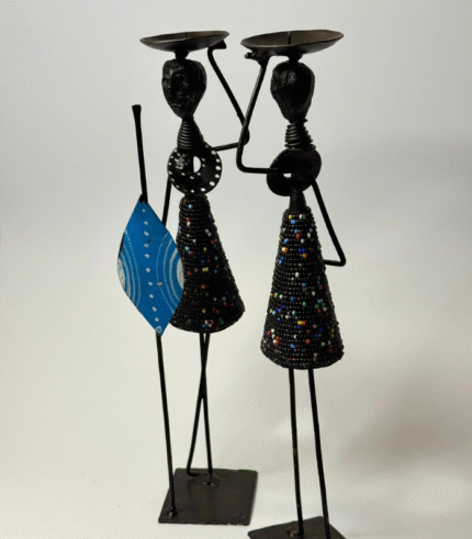 African Style Candle Holder - Women in blue beaded dress