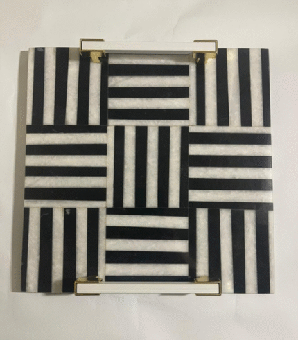 Striped Mosaic Marble Serving Tray with White & Gold Handles