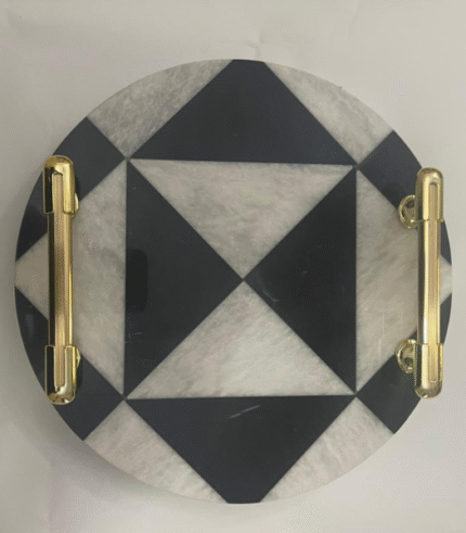 Geometric Round Marble Serving Tray with Golden Handles